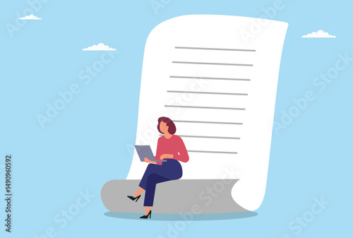 Vector illustration of a businesswoman conducting in depth analysis of a business deal using a laptop