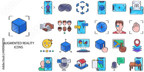Augmented Reality simple concept 24 hand drawn color icons set .Vector illustration.