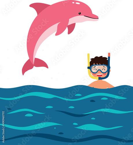 Pink dolphin jumping over snorkeler in blue water ocean wildlife vector illustration 