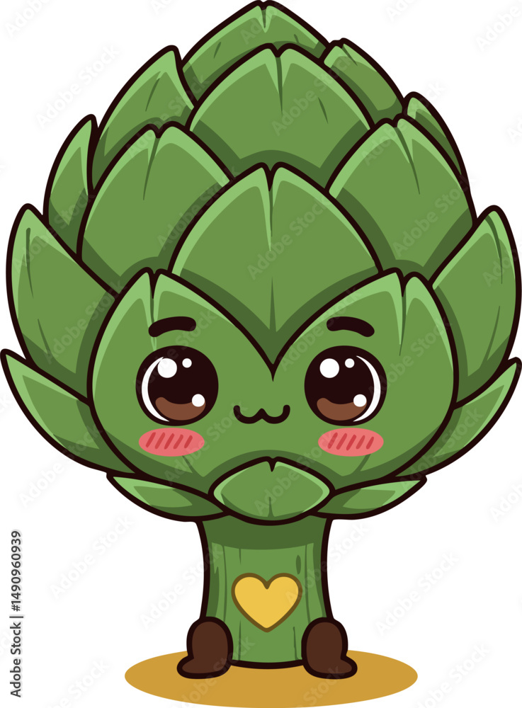 Fototapeta premium Cute green artichoke character with sad expression and heart symbol vector illustration 