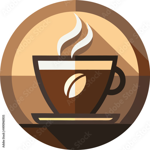 A stylized, flat design of a coffee cup and saucer, filled with hot coffee.
