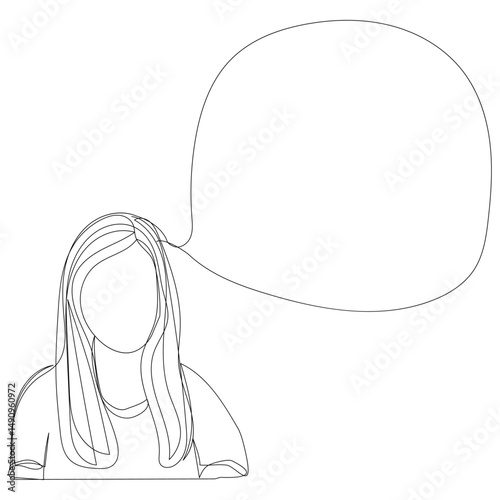 Sketch minimal woman say think chat box drawing line art. Female think idea comment hand drawn continuous line concept white ioslated background.Abstract,vector,illustration.