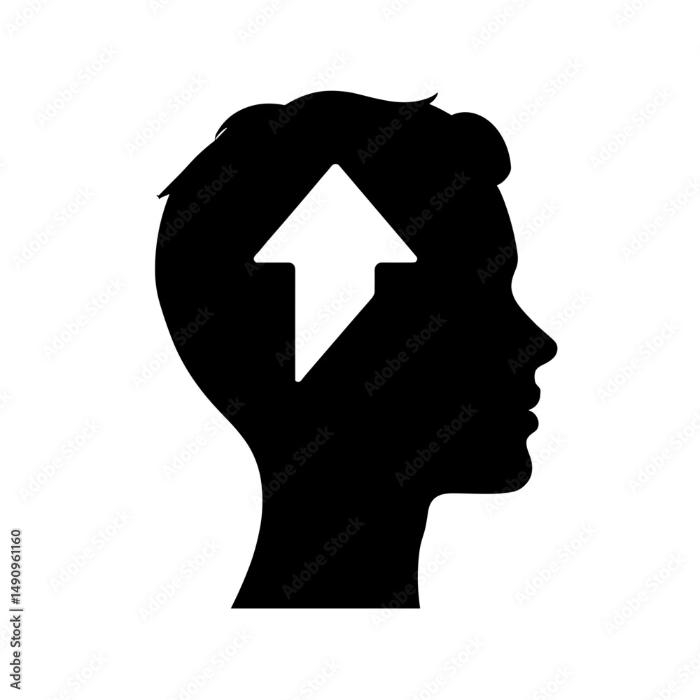 Silhouette of a human head with an upward arrow for growth concept  