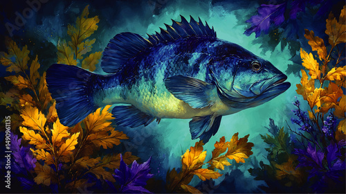 Vibrant Blue Fish Underwater Surrounded by Colorful Autumn Leaves, Artistic Nature Painting, Aquatic Wildlife Illustration