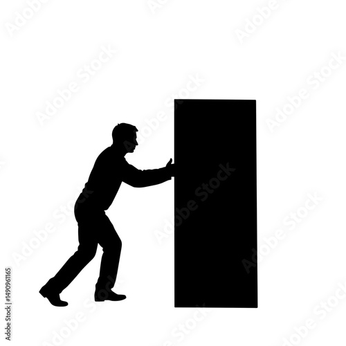 Man pushing a large object in silhouette against a white background  