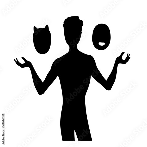 Silhouette of a person holding two masks in a dramatic pose  