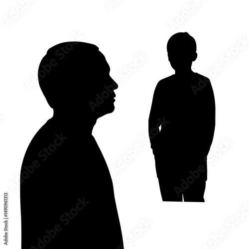 Silhouettes of a man and child standing side by side against white background  