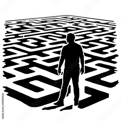 Man standing in a maze silhouette contemplating the path forward  