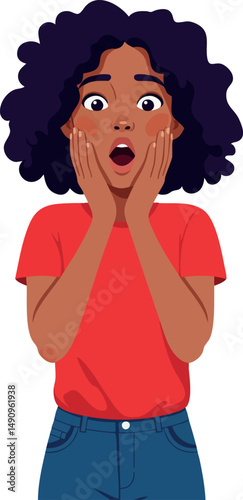 Surprised young woman with curly hair wearing red shirt and blue jeans vector illustration 