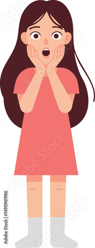 Girl with long brown hair wearing pink dress expressing surprise or shock vector illustration 
