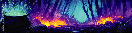 Enchanted Forest With Glowing Magic Cauldron and Mystical Fireflies, Vibrant Fantasy Background Illustration for Gaming and Storytelling