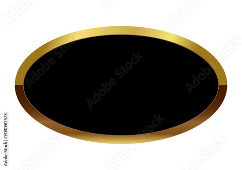 Vip gold medal, template, label, badge, award. Empty oval shiny smooth metal emblem. Isolated golden frame, text box with black background in the center. EPS10 Vector