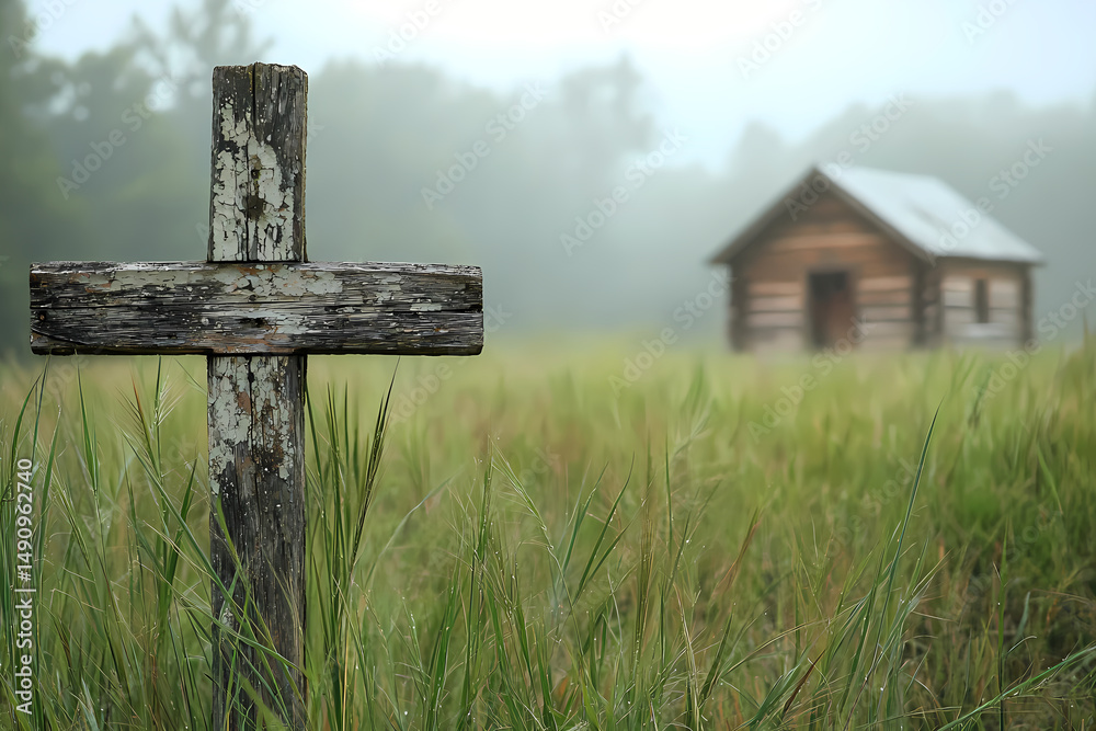 Naklejka premium Weathered wooden cross standing in tall grass near an old cabin in a foggy field