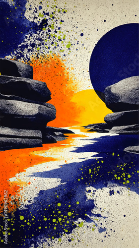 Abstract Sunset Landscape With Rocky Canyon, Bold Blue and Orange Colors, Modern Artistic Splatter Painting, Creative Wall Art