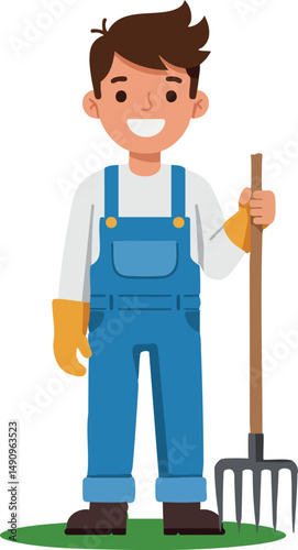 Young male farmer holding pitchfork in blue overalls with yellow gloves vector illustration 