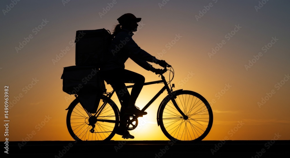Fototapeta premium Silhouette of a food delivery cyclist at sunset, Fast delivery concept