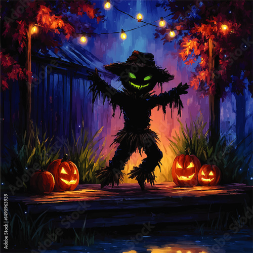 Spooky Halloween Scarecrow with Glowing Green Eyes Surrounded by Jack-O’-Lanterns and Autumn Trees at Night, Festive Holiday Illustration
