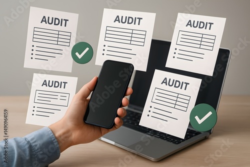 Wallpaper Mural Mobile Auditing: A hand holding a smartphone, with audit reports floating above a laptop, symbolizing the convenience and accessibility of modern auditing processes.  Torontodigital.ca