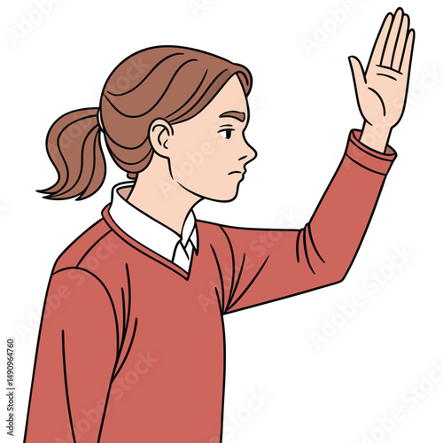 A cartoon illustration of a person with light skin and brown hair in a ponytail, raising their right hand with the palm facing forward. They are wearing a red sweater over a white collared shirt.