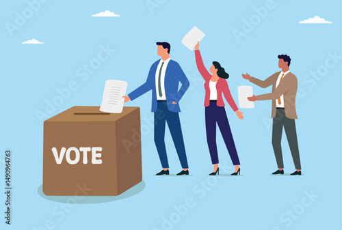 Vector illustration of group of people voting with ballot papers in large box
