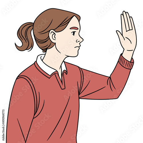 A person with a ponytail, wearing a red long-sleeve shirt with a white collar, raising one hand with the palm facing outward.