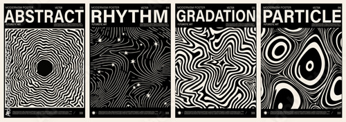 Vector posters in trendy Op Art style feature dynamic, wavy black-and-white lines that create illusions of depth and movement. This modern, eye-catching style is popular in contemporary design.
