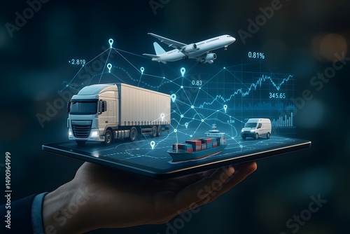 A hand holds a tablet projecting a network of logistics icons connecting truck, plane, ship, and van symbols. Concept of integrated supply chain and smart transportation.