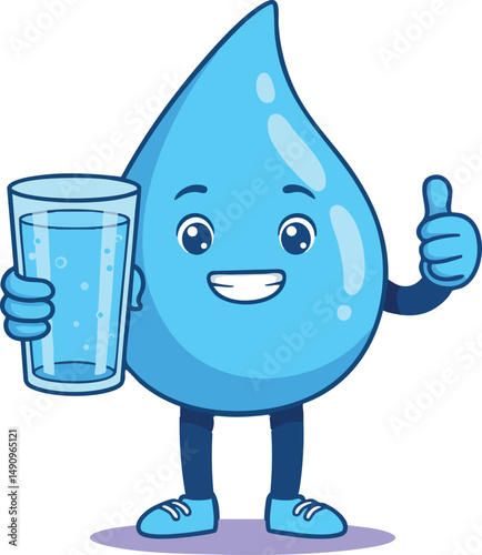 Smiling blue water drop holding glass of water giving thumbs up cartoon vector illustration 