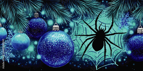 Unique Christmas Background with Blue Glitter Ornaments, Pine Branches, Spider Silhouette and Web, Festive Winter Concept
