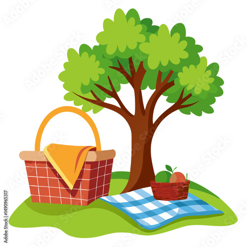 Hand Drawn cute outdoor Picnic Basket Setup and Blanket Design
