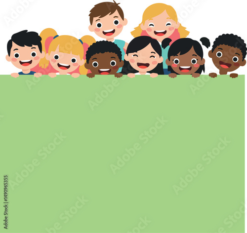 Diverse group of happy children peeking over green banner smiling cheerful vector illustration 