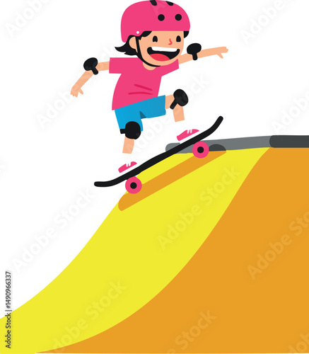Skateboarder performing trick on yellow ramp with pink helmet and protective gear vector illustration 