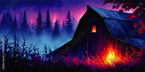 Mystical Night Forest Barn with Fiery Glow, Vibrant Sunset Sky, and Colorful Autumn Foliage - Vector Illustration Art