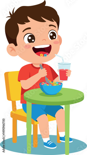 Happy boy eating breakfast cereal with glass of juice at table in colorful room vector illustration 