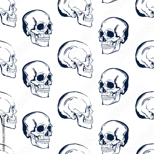 Seamless vector print in grunge style. Hand-drawn stylized skulls on a light background. This crazy print will decorate any music project.