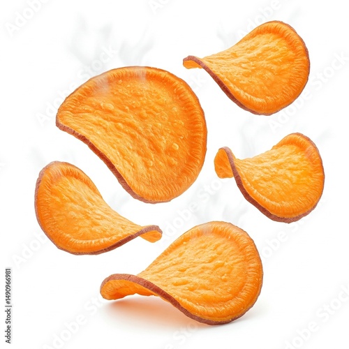 Floating Sweet potato chips isolated on white