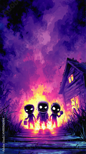 Spooky Zombie Kids in Halloween Night with Lanterns, Haunted House and Purple Blue Sky – Vibrant Creepy Art Illustration