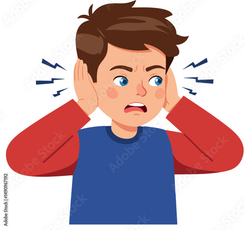 Boy covering ears in discomfort with blue and red clothing vector illustration 