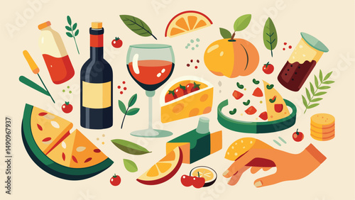 Delicious wine and food illustration showcasing an array of fruits cheese and other delicacies.
