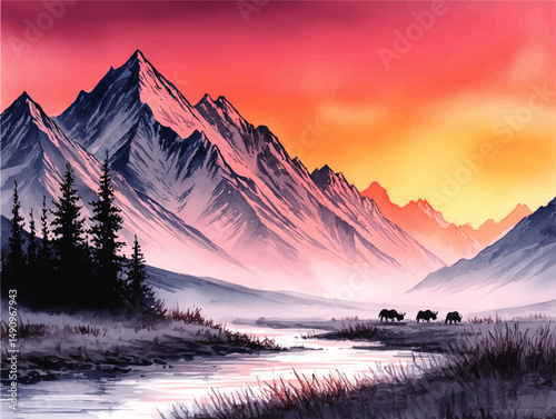 Dramatic Sunset Mountain Landscape with River, Pine Trees, and Yak Silhouettes in Misty Valley – Vibrant Watercolor Nature Art
