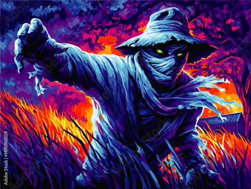 Spooky Scarecrow in Fiery Field, Neon Horror Illustration with Glowing Eyes, Halloween Night Fantasy Art for Posters and Decor