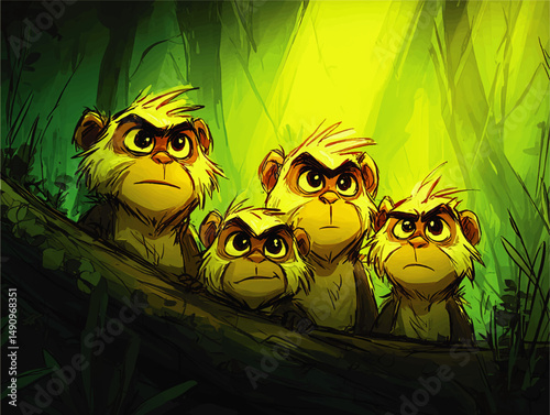 Group of Curious Cartoon Monkeys in Vibrant Jungle, Dramatic Lighting, Adventure Concept, Colorful Animation Illustration