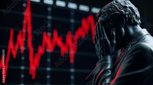 Stock Market Crash: A statue stands in distress against a backdrop of plummeting red stock data, symbolizing economic downturn and financial anxiety.