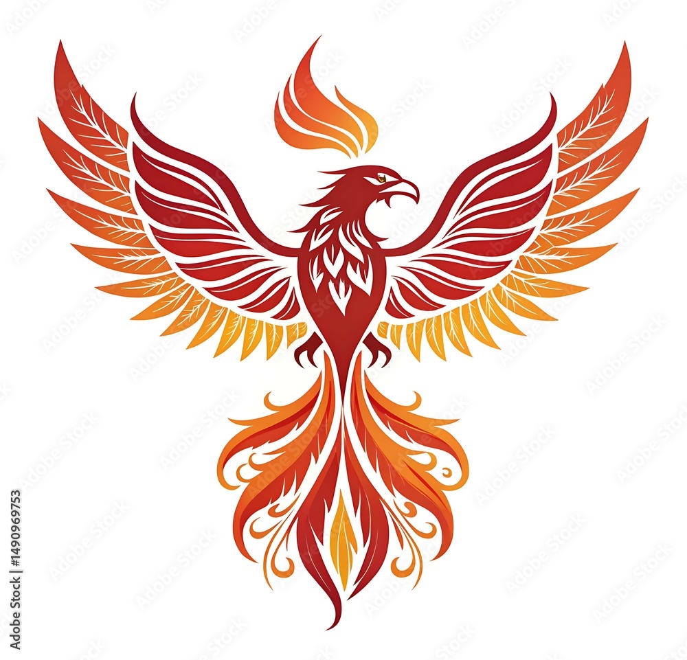 Fototapeta premium Dynamic Phoenix Bird Illustration with Outstretched Wings and Fiery Plumage