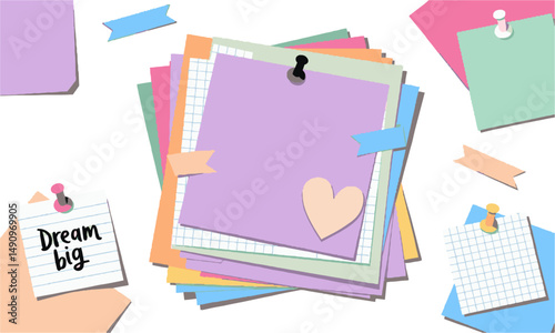 Modern vector collage of torn paper notes and grid sheets on a colorful pastel, easily scalable and editable