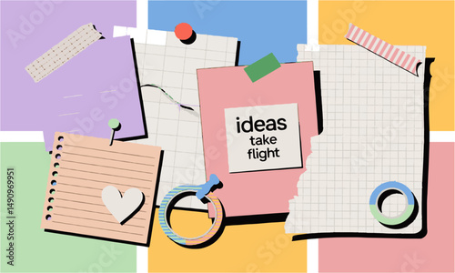 Modern vector collage of torn paper notes and grid sheets on a colorful pastel, easily scalable and editable