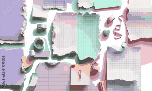 Modern vector collage of torn paper notes and grid sheets on a colorful pastel, easily scalable and editable