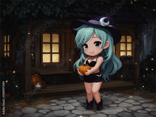 Cute Chibi Witch with Blue Hair Holding Pumpkin in Front of Cozy Halloween Cottage at Night, Festive Autumn Fantasy Illustration