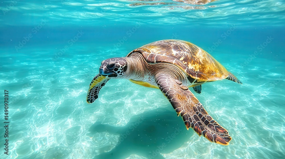 Obraz premium Underwater turtle swimming in clear blue ocean water.