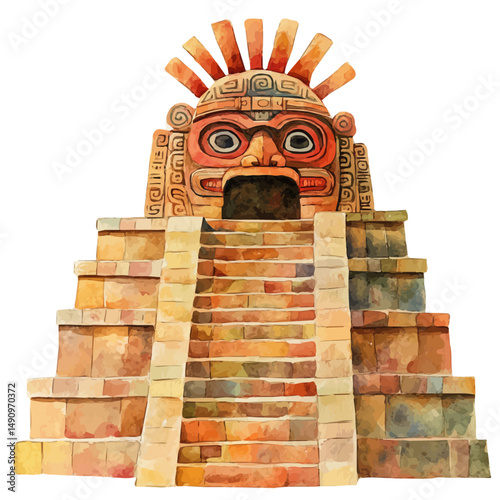 watercolor vector of Mayan Temple Of The Sun, high quality, isolated on a white background.